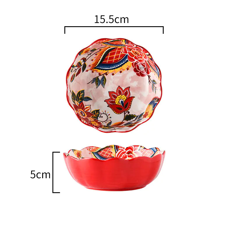 Japanese Style Painted Ceramic Bowl and Plate Set